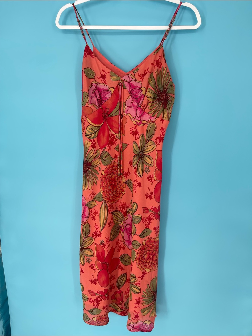 Floral Slip Dress in Coral with Pink & Green Accents Y2K Sz 10